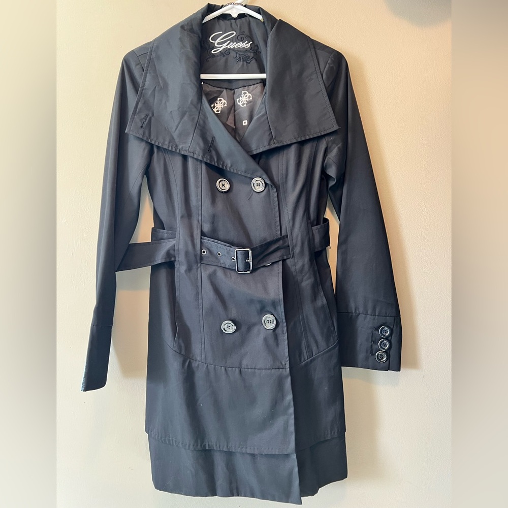Guess Y2K lined black double breasted tiered classic trench coat size S.